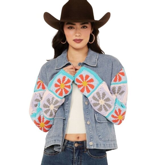 Mystree Jackets & Blazers - Mystree Crochet Sleeve Medium Wash Denim Jacket Bohemian Size M